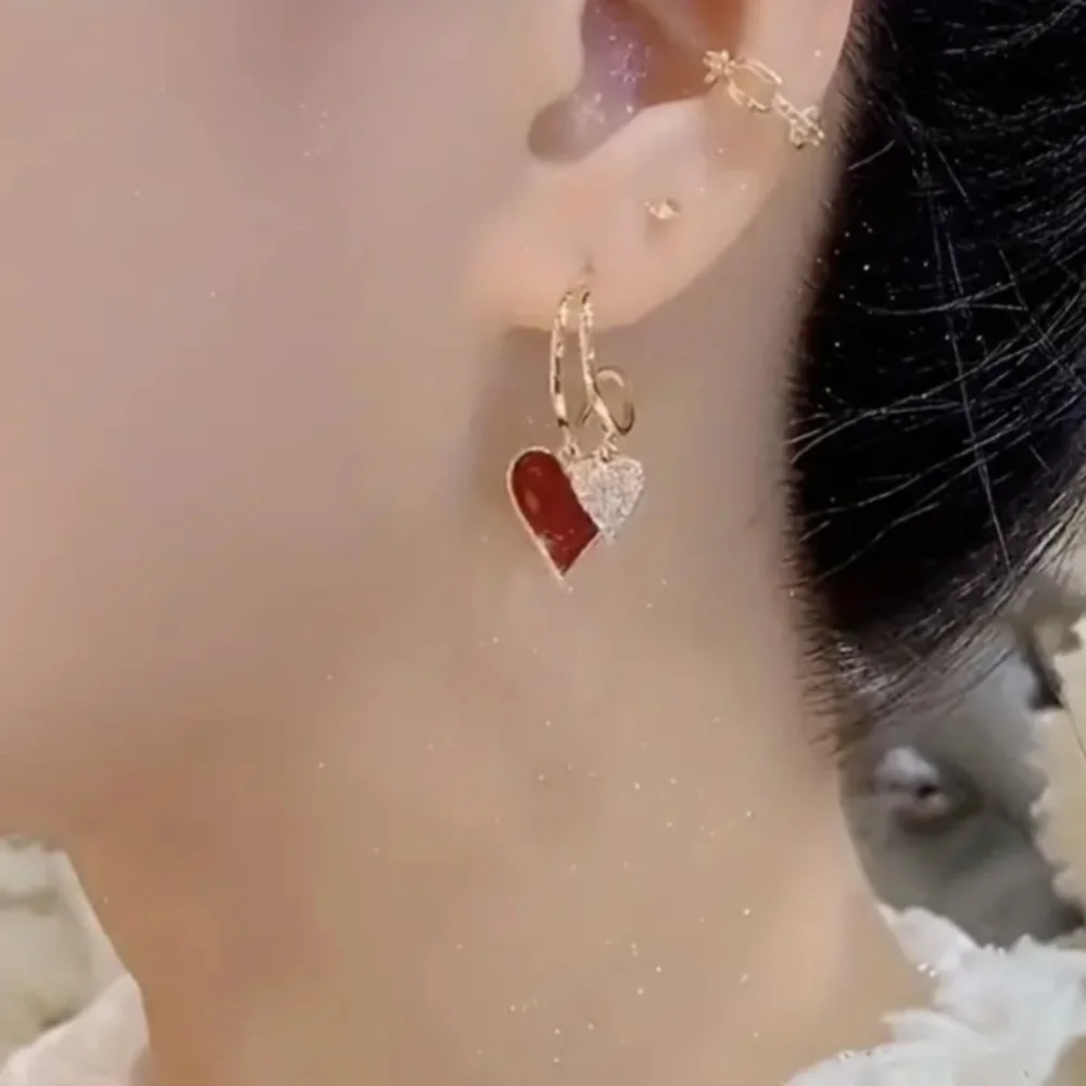 Gold and Red Heart Dangle Earrings NWOT